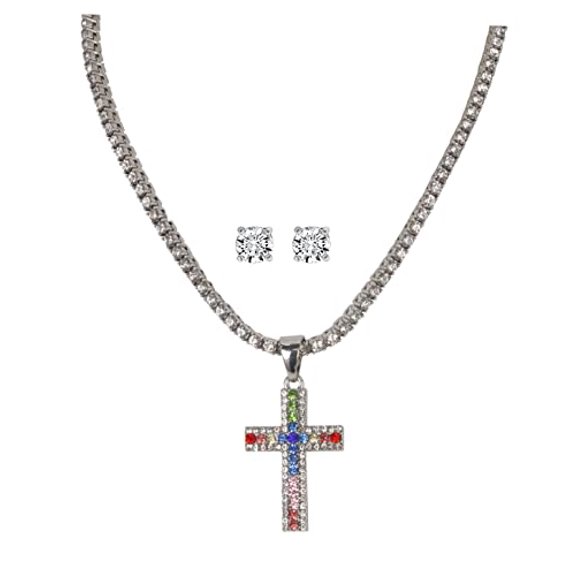 Slay Queen w/ Ladies on Fire Iced Out Rhinestone Jewelry set Diamond Tennis Necklace, Earrings, Pendant, or Bracelet Bling Set - TPBE-01 (18, Rainbow Silver)