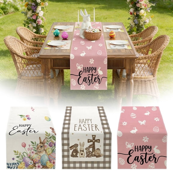Easter Decorations Bunny Eggs Colorful Table Runner Bunny Eggs Holiday for Home Dining Kitchen Party Table Decor