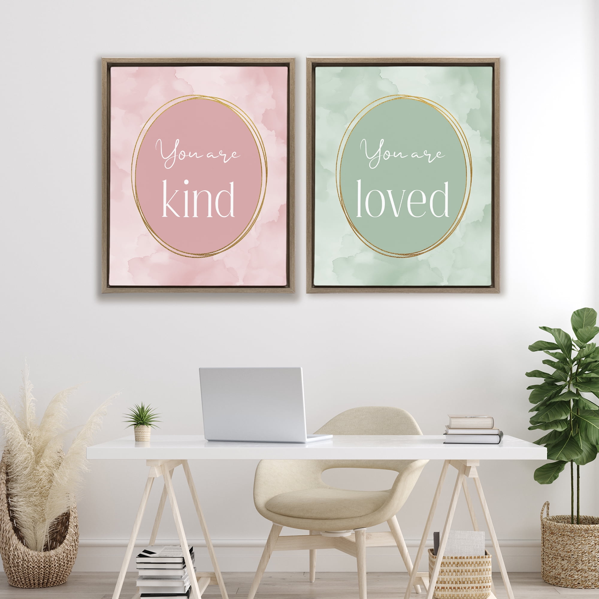 Stupell Industries Pastel Golden Affirmations 2 Piece Brown Framed Floater Canvas Set, design by Christine Simpson Art