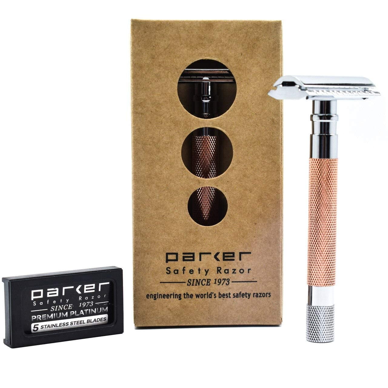 Parker Safety Razor 56R Double Edge Safety Razor with 5 Parker Razor Blades (Rose Gold)
