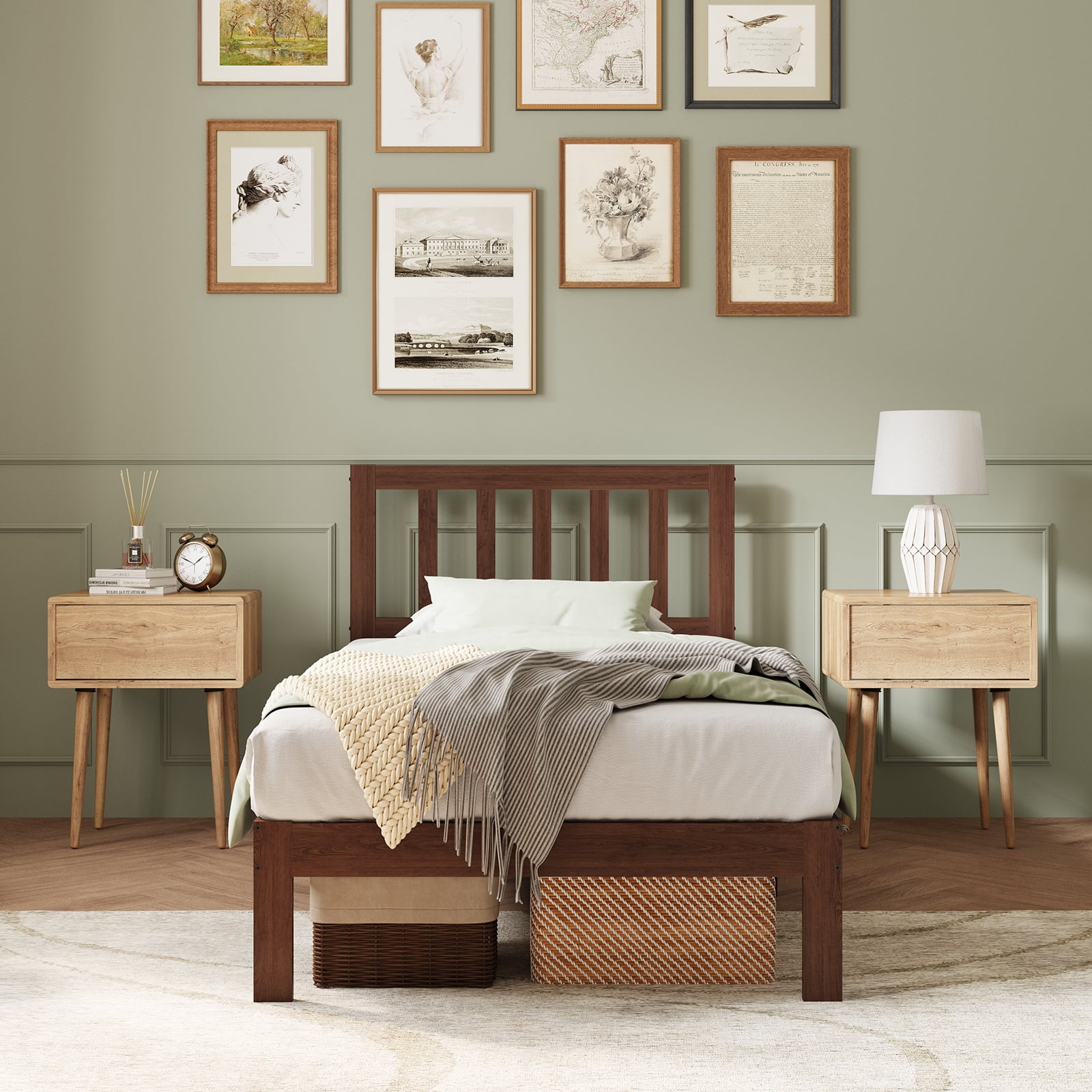 Novilla 12 Inch Twin Size Bed Frame Solid Wooden Twin Bed Frames with Headboard Wooden Classic Bed Frame Foundation, No Box Spring Needed, Easy Assembly, Walnut