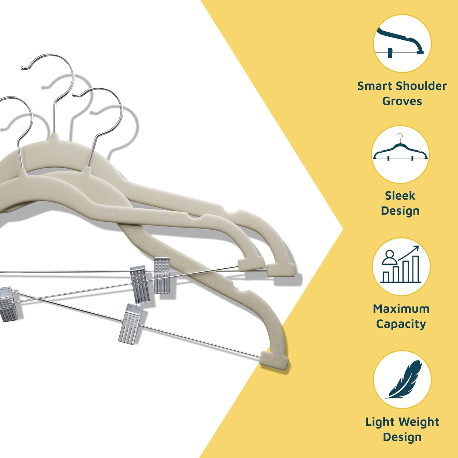 Lifemaster Velvet Skirt Hangers – With Adjustable Clips, 360 Degree Swivel Hook, and Non-Slip Shoulder Notch, Holds Up To 10 lbs, For Organizing Skirt, Pants, Dress, and Clothes, Pack of 30, Ivory