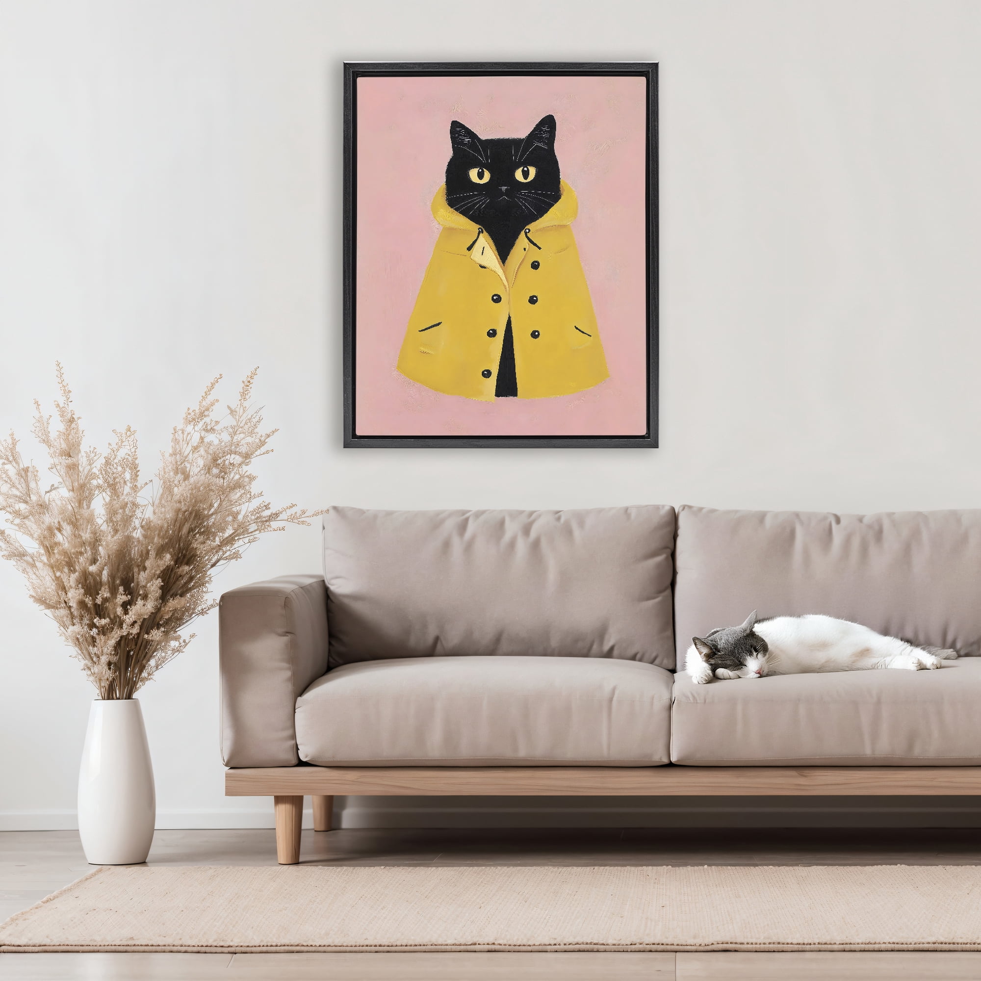 Stupell Industries Black Cat in Yellow Raincoat Black Framed Floater Canvas Wall Art, design by The Prints Vibe