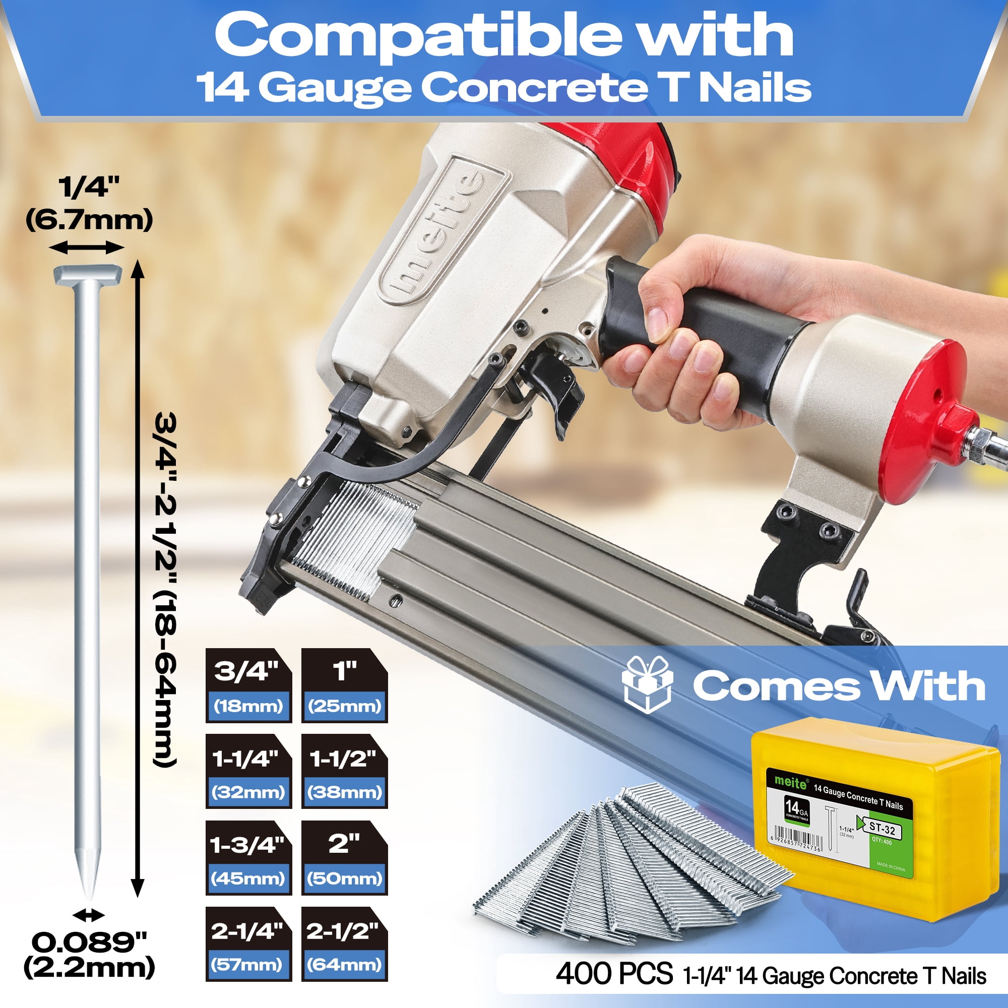 Meite ST64E 14 Gauge  Heavy Duty 3/4" to 2-1/2"Length Pneumatic Concrete T Nailer with 400 PCS Staples