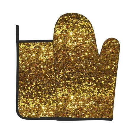 

Oven Gloves Hot Pads For Kitchen Decor Gold-Colored Sequins Heat Resistant 2pcs For Cooking Baking Bbq