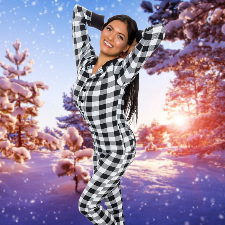 Silver Lilly Buffalo Plaid Women's One Piece Pajamas - Adult Unisex Union  Suit with Drop Seat (Black/white Plaid, X Small)