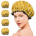 thumbnail image 7 of Shower Caps,Yellow Geometric Quatrefoil Pattern Waterproof Shower Cap for Women 4 Pieces,Double Reusable Hair Cover for Shower PEVA Elastic Stretch Hem, 7 of 7