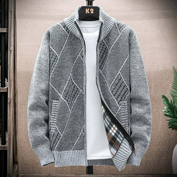 jsaierl Mens Cardigan Sweater Knit Mock Neck Zip Up Woolen Top Plaid Long Sleeve Cozy Fall and Winter Sweater Jacket