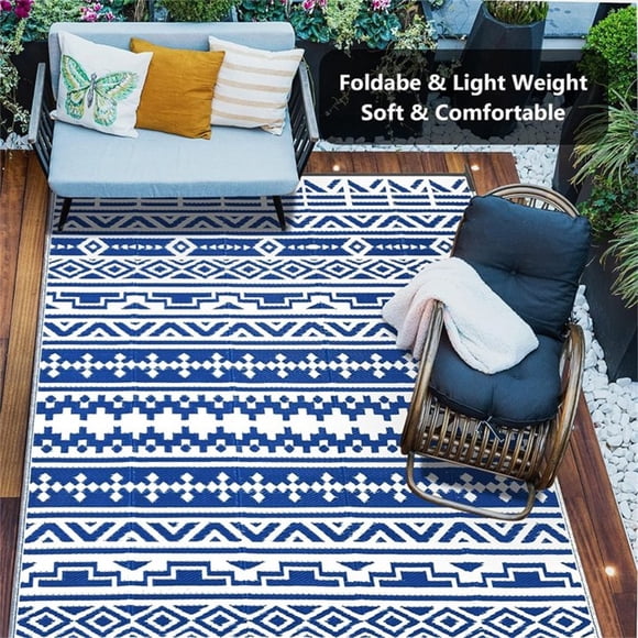 Outdoor Rugs 6'x9' on Sale Clearance Plastic Straw Waterproof Reversible Patio Rugs Geometric Lightweight Carpets for RV Camping Deck Balcony Beach Picnic Porch, Blue White