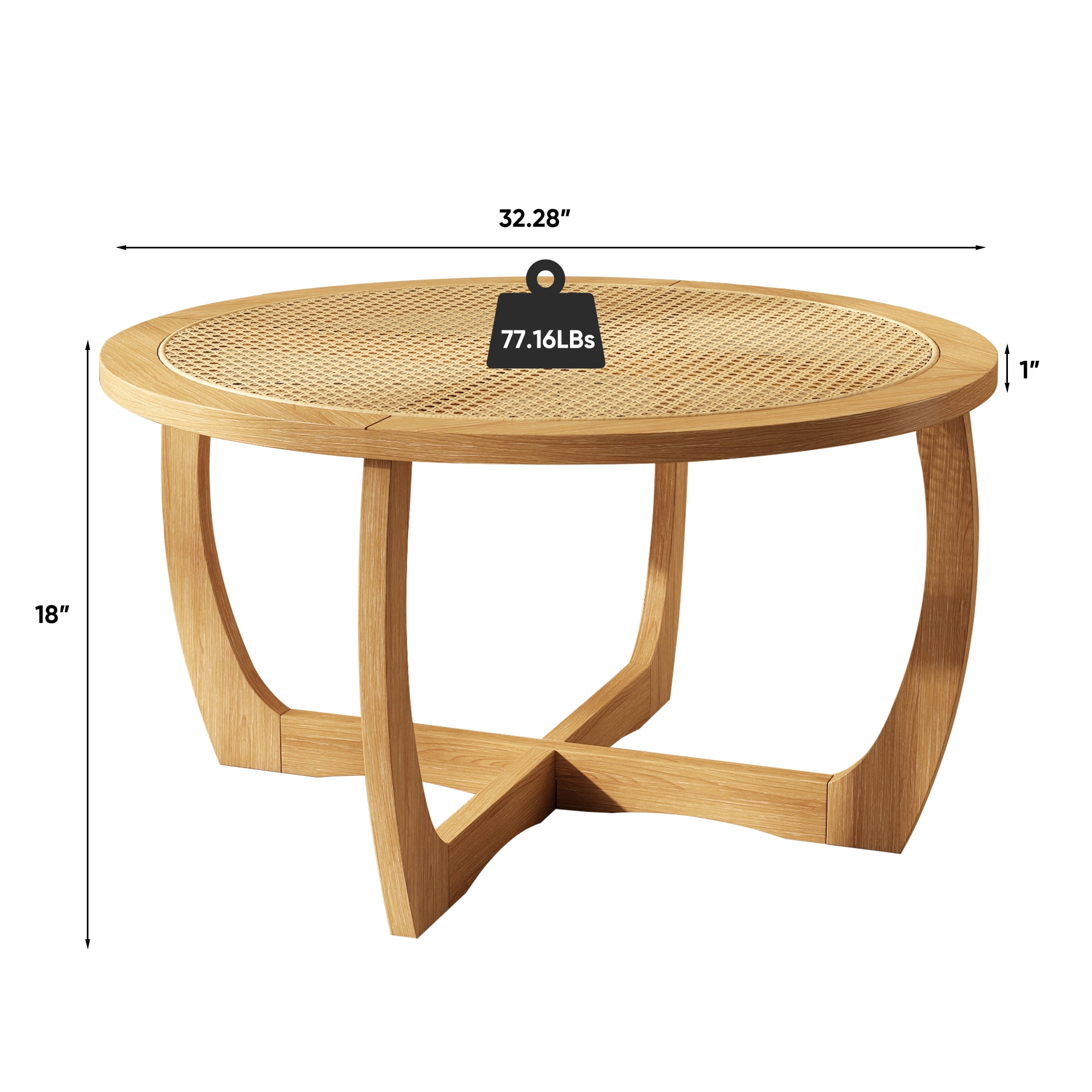 Round Wood Coffee Table with Handmade Rattan Top, Solid Circle Wooden Center Table with Curved Legs, Farmhouse Cocktail Table for Living Room, Light Brown 32.28" x 18"