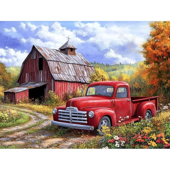 DIY The Red Truck and The Old Barn 11CT Pre-Printed Cross Stitch Kit for Adults & Beginners, Easy Needlepoint Pattern for DIY Home Décor & Crafts 45