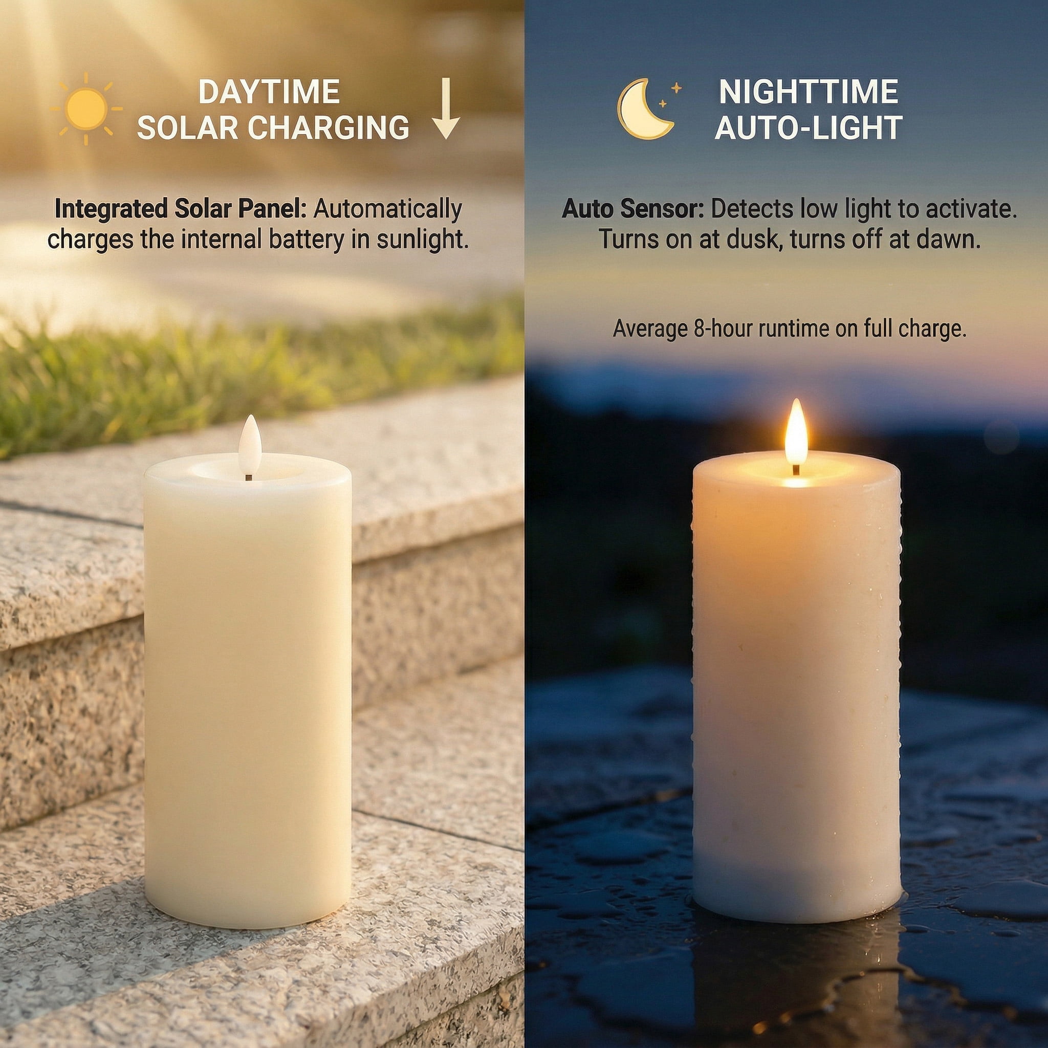 WYZworks Solar LED Flameless Pillar Candle Set of 3 – Ivory Outdoor Rechargeable Lights with Warm Flickering Wick, Weather-Resistant, Auto Dusk-to-Dawn (4", 5", 6")