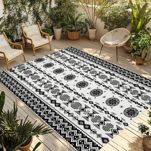 Black White Boho Outdoor Rug 3x5 Ft - Reversible Patio Rug Outdoor Camping Rugs, Vintage Abstract Art Ethnic Tribe Washable Indoor Outdoor Area Rugs, Non-Slip Outdoor Carpet Runner for Deck/Porch