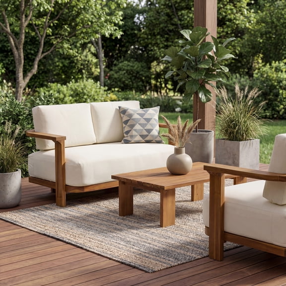 Christopher Knight Home Outdoor Acacia Wood Loveseat and Coffee Table Set with Cushions, Teak Beige