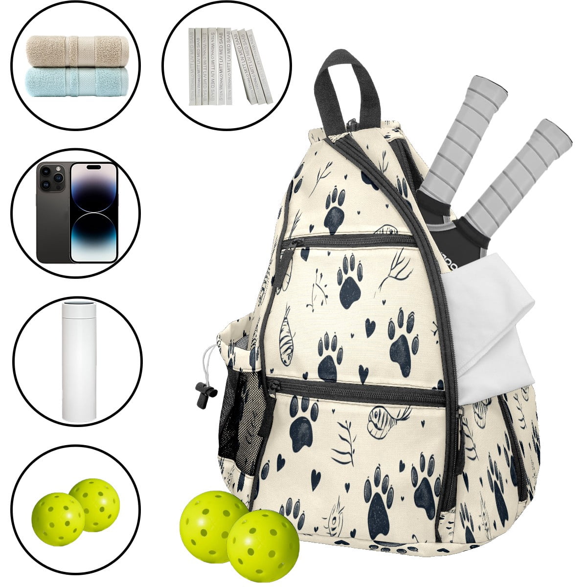 Pickleball Bags for Men Women Pickleball Backpack with Large Capacity Lightweight Adjustable Pickleball Sling Bag Hold Paddles, Balls, Accessories Footprints