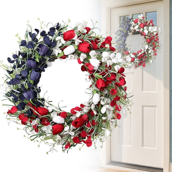 18 inches 4th of July Floral Wreaths Patriotic Decorations Wreath Red White Blue Artificial Floral Twig Wreath 4th of July Independence Day Memorial Day Flag Day Hanging Decoration