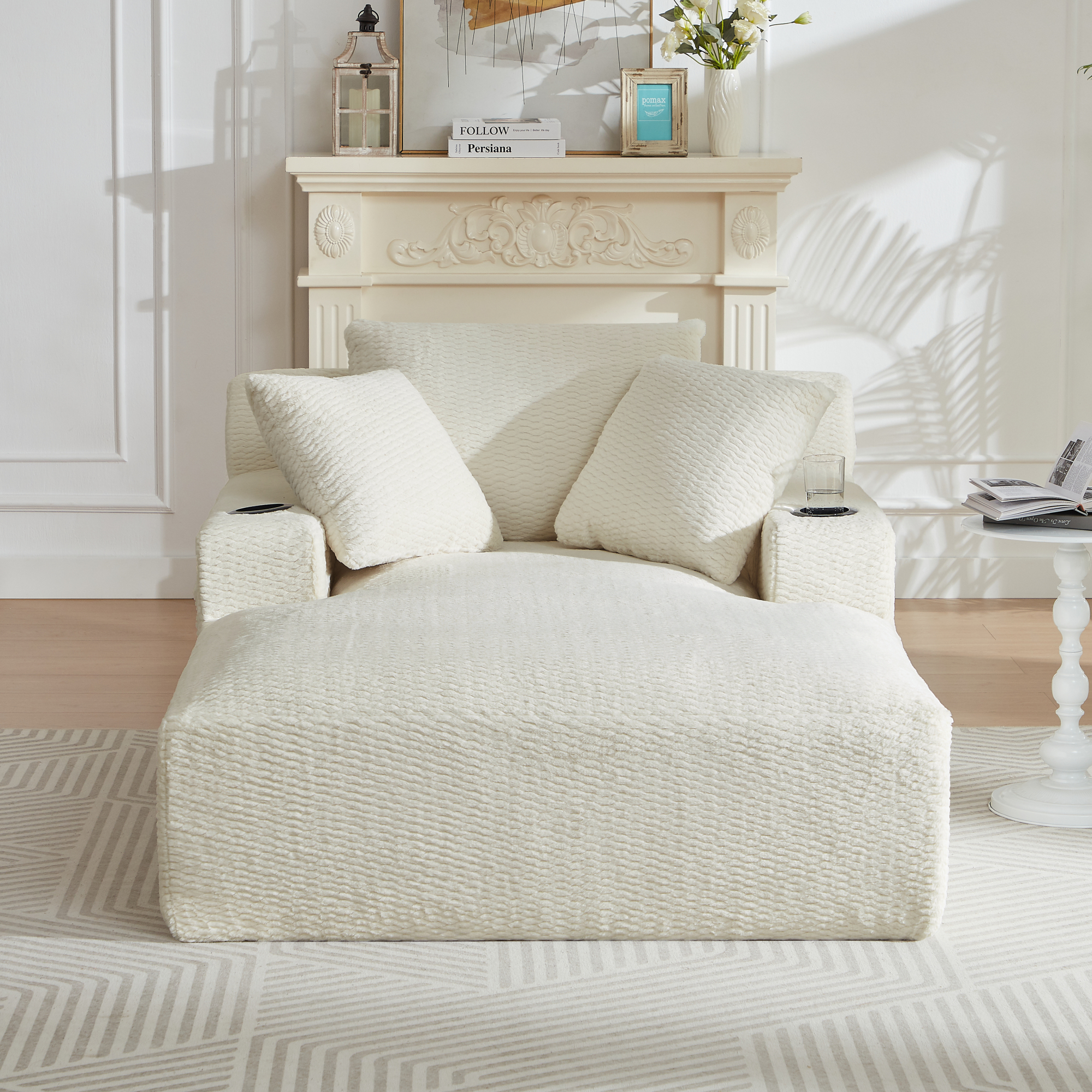 Leumius Oversized Chaise Lounge Chair Indoor,Upholstered Sofa Bed with Pillows and Cupholders,No Assembly Required,Cream