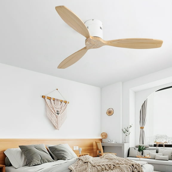 MIDODO 52'' Wood Ceiling Fan No Light, Indoor Outdoor Ceiling Fan with Remote, Noiseless Reversible DC Motor 3 Blade Ceiling Fan Without Light for Farmhouse Patio Living Room Bedroom