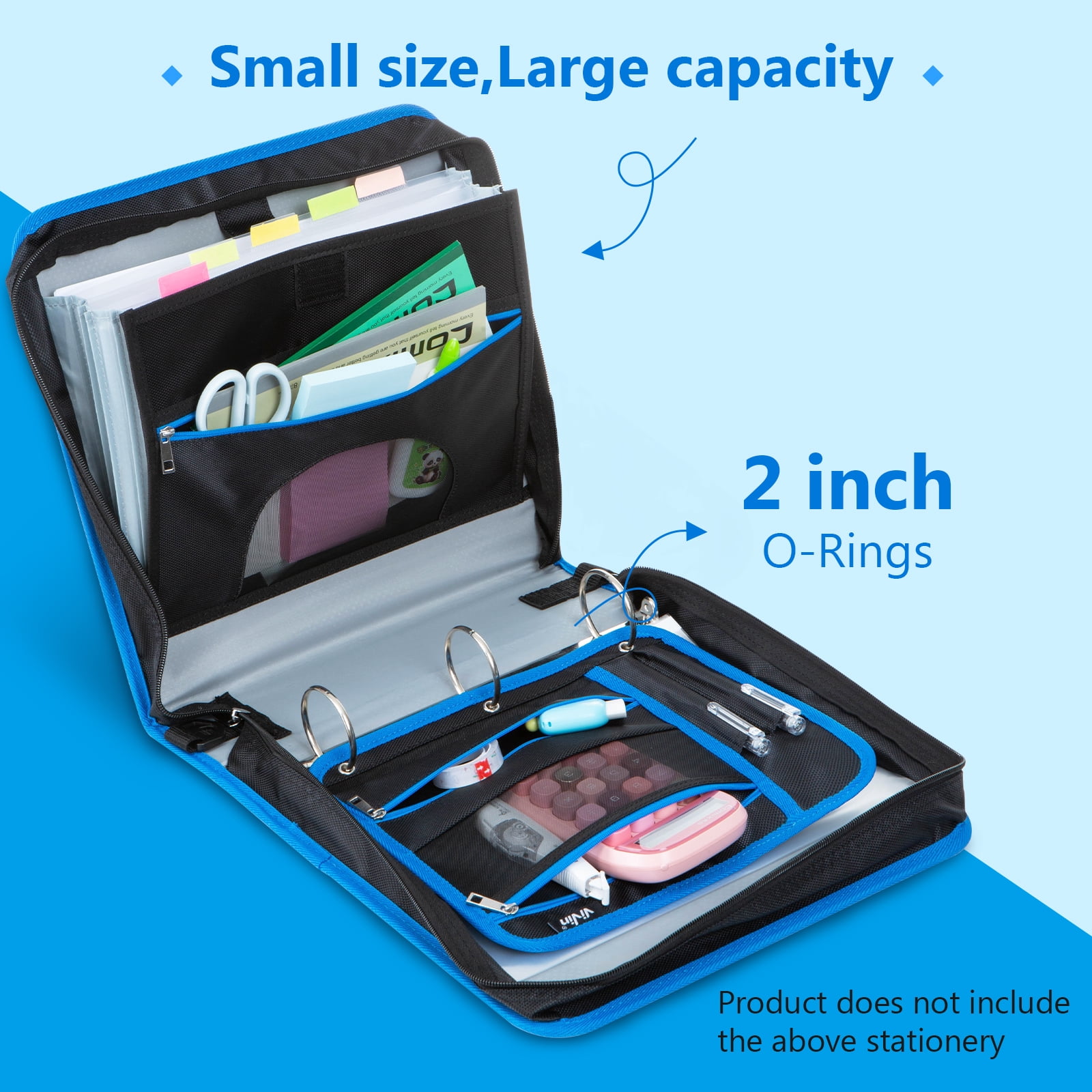 ViVin Zipper Binder 2 Inch O-Ring 450 Sheet Capacity, Multiple Tab and Zip Pockets, Office Supplies,Blue
