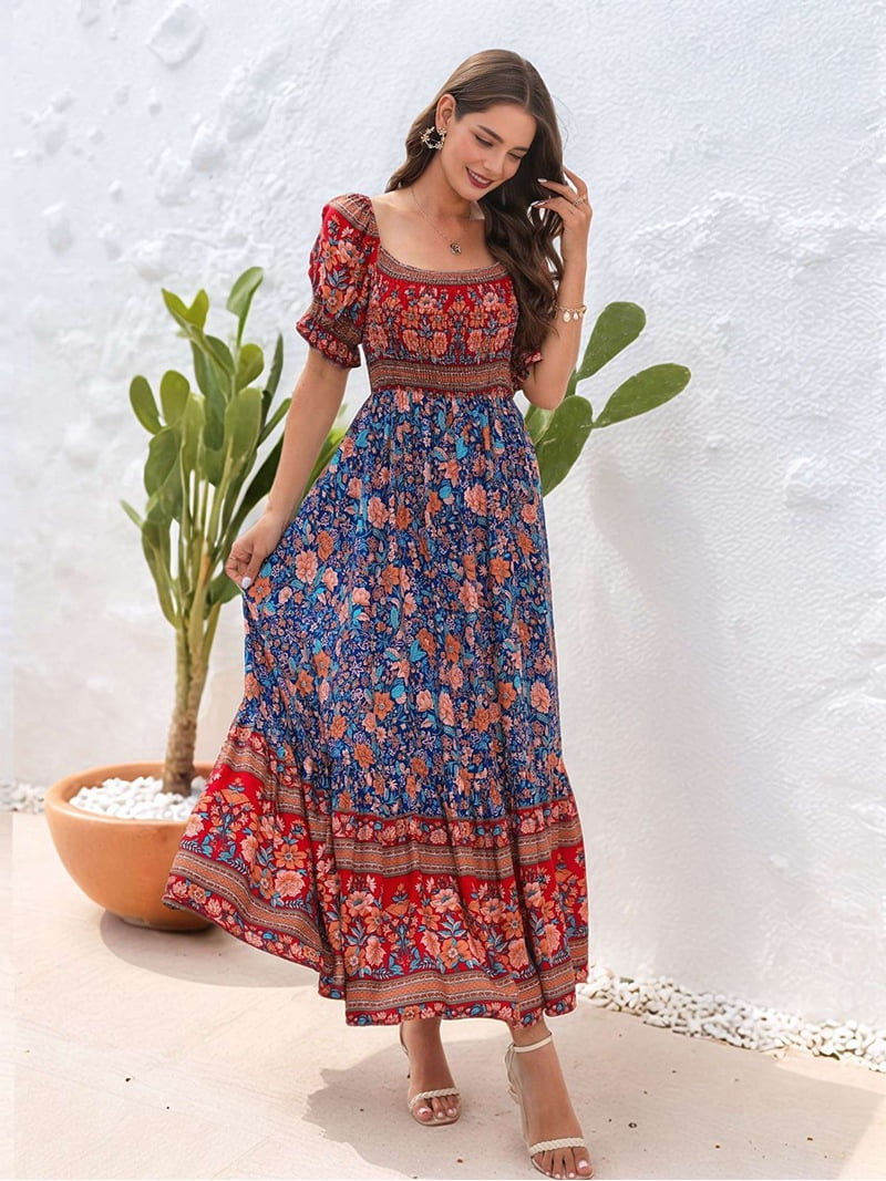 Women'S Summer Off Shoulder Boho Floral Print Tiered Casual Flowy Long Maxi  Dress Blue Bottom M - Walmart.com