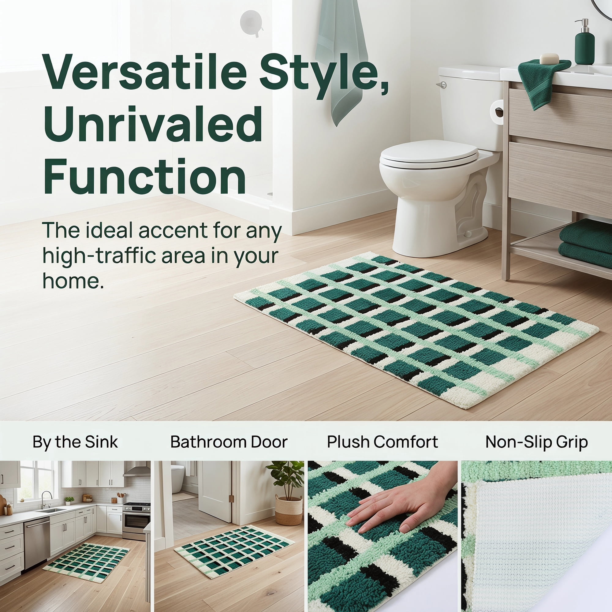 Unique Bargains Absorbent Plush Non-Slip Washable Checkered Rug Green 32" x 20"