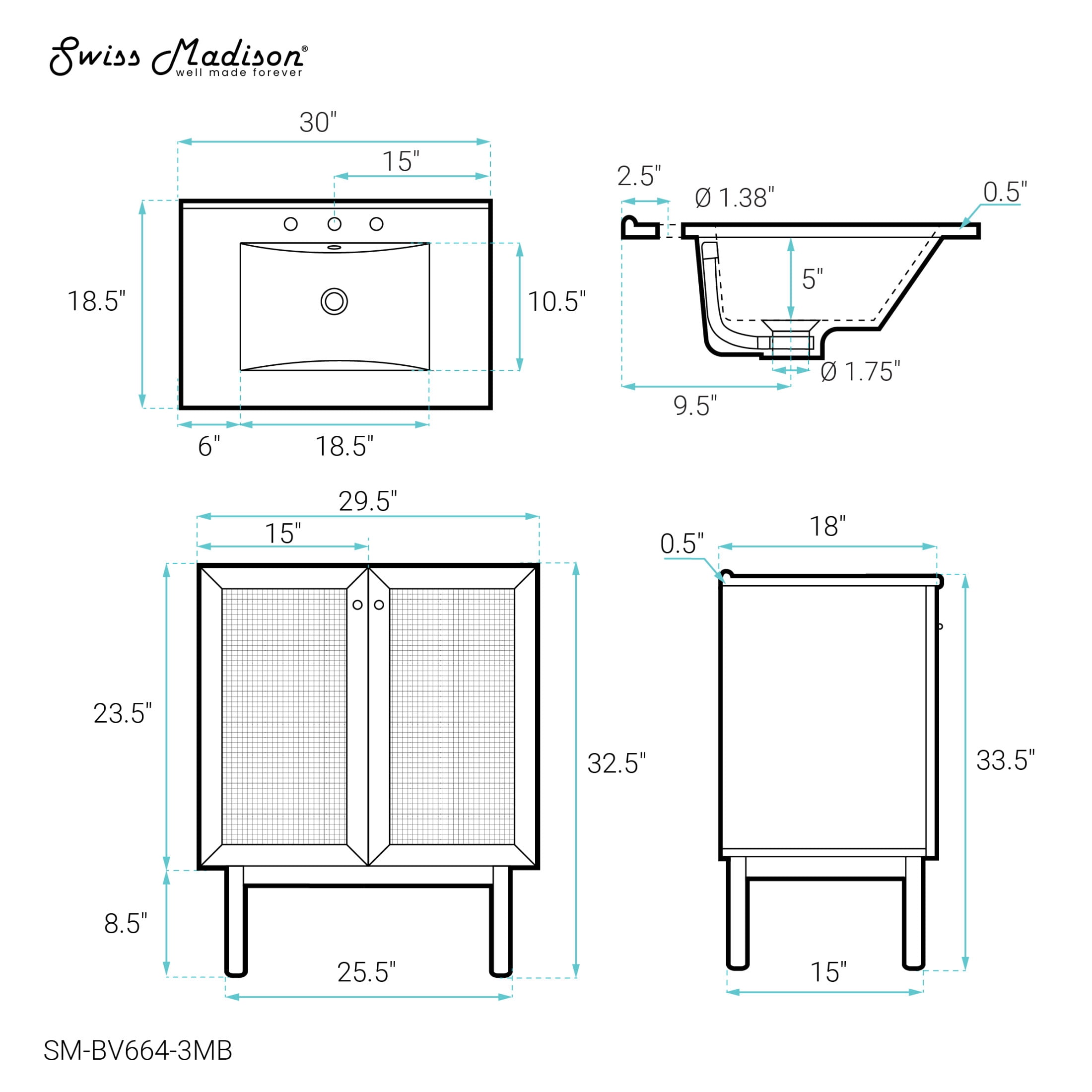 Classe 30" Freestanding Bathroom Vanity in Golden Oak with Black 3-Hole Widespread Sink Top