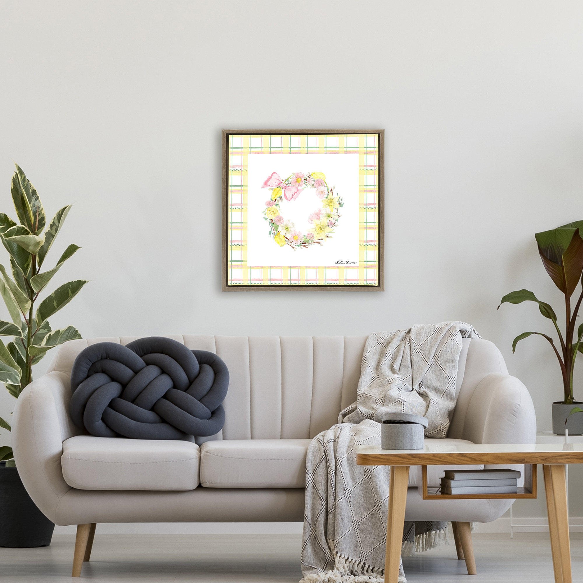 Wreath in Spring Pastels Brown Framed Floater Canvas Wall Art, design by Lee Ann Sanders