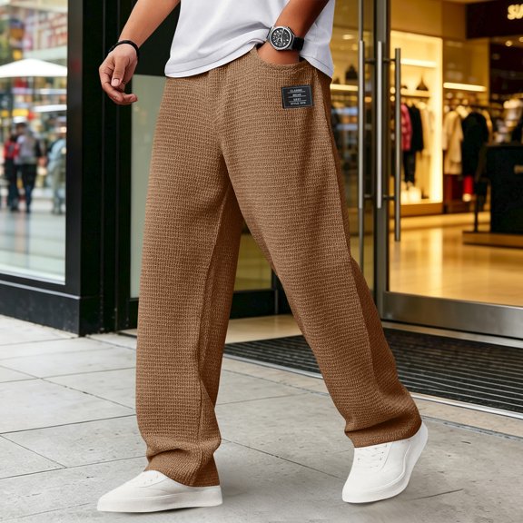 GrmtClth Casual Pants For Men, Oversized Waffle Knit Bottoms, Loose Wide Leg Drawstring Elastic Waist Trousers, All Year Street Relax Outfit Light Brown 4XL