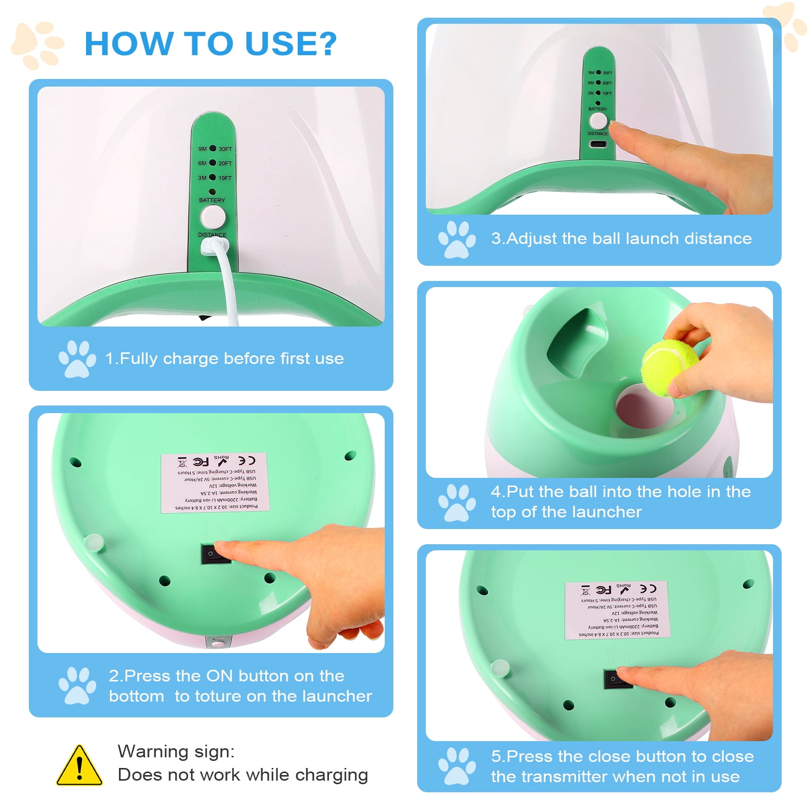 Automatic Dog Ball Launcher for Small Dogs, Indoor/Outdoor Interactive Dog Toy,USB Rechargeable Ball Thrower,10-30 Ft,Includes 15 Mini Tennis Balls,Green