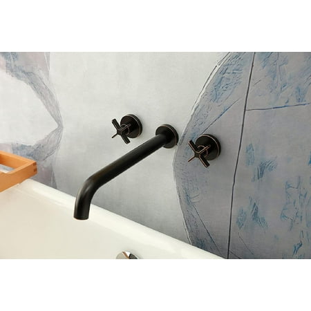 

Wall Mount Tub Filler Two Cross Handle Bathtub Faucet Extra Long Spout Reach with High Water Flow Brass Rough in Valve Included Oil Rubbed Bronze
