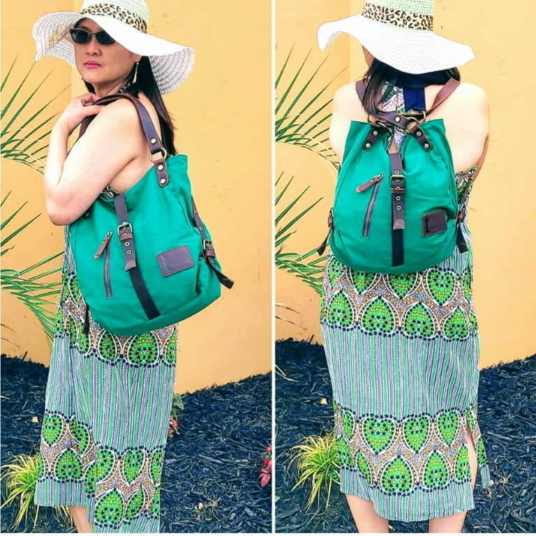 Hanalilly Handbag Shoulder Bag Green Convertible Backpack Purse Tote Canvas Genuine Leather