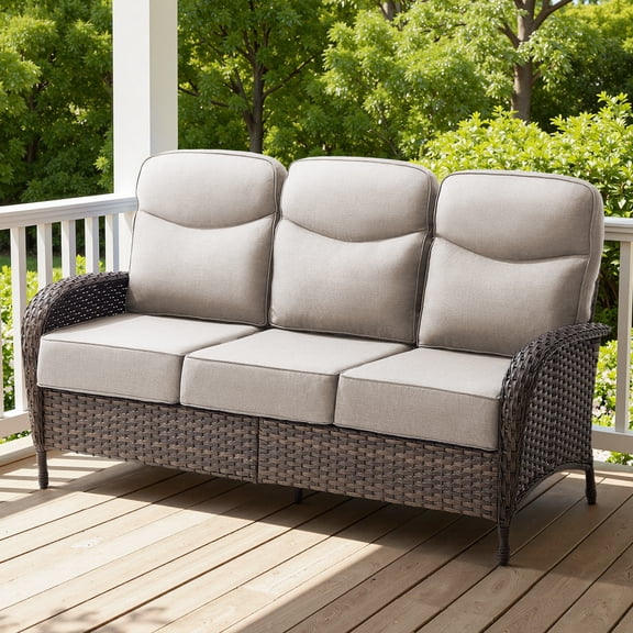 Opohoro 70" Outdoor Patio Wicker 3-Seat Couch, All Weather Rattan Outdoor Furniture Sofa with Flat Arm and 6" Thick Cushions for Backyard Porch