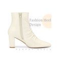 thumbnail image 3 of BLISSFUL STEP Women's Ankle Boots Pointed Toe Ruched Chunky Heel Side Zip Ankle Boots Cream 9, 3 of 6