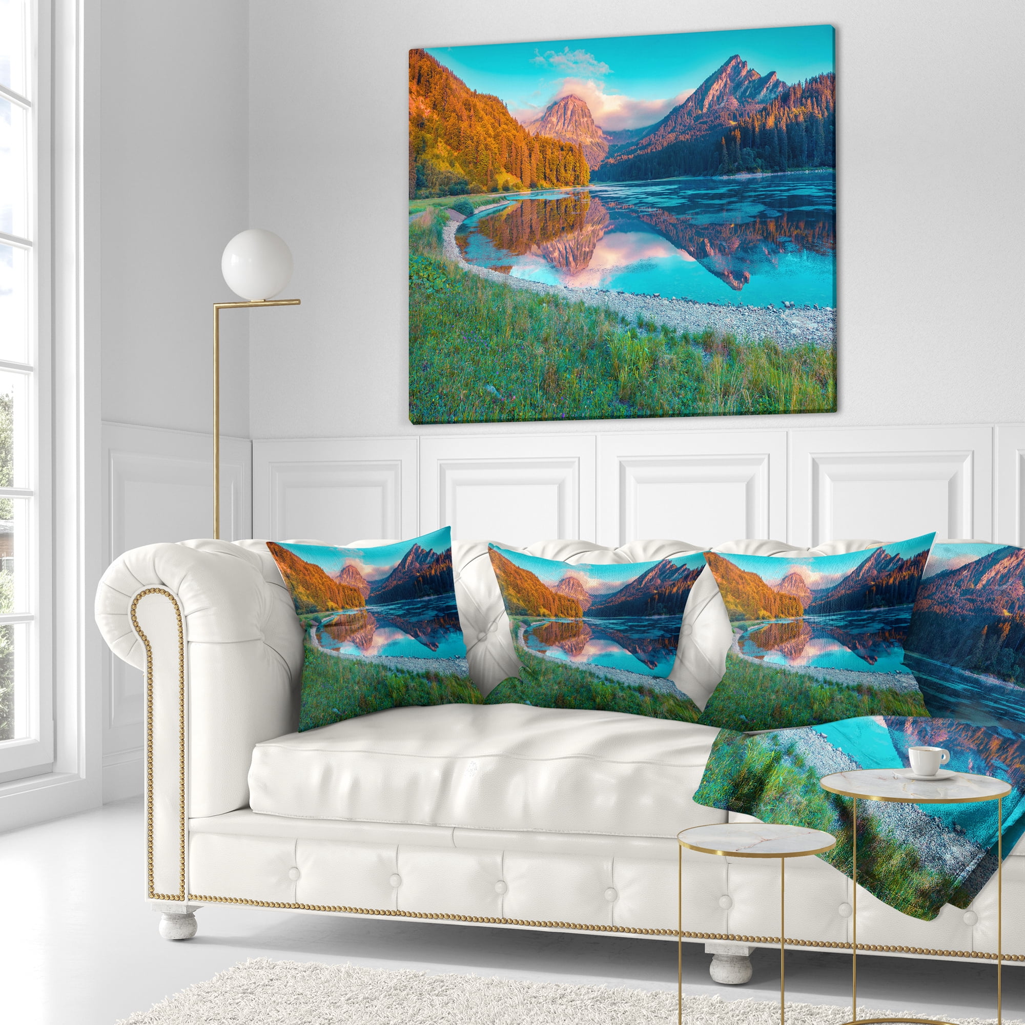 Designart Beautiful Swiss Lake Obersee - Landscape Photography Throw Pillow - 18x18