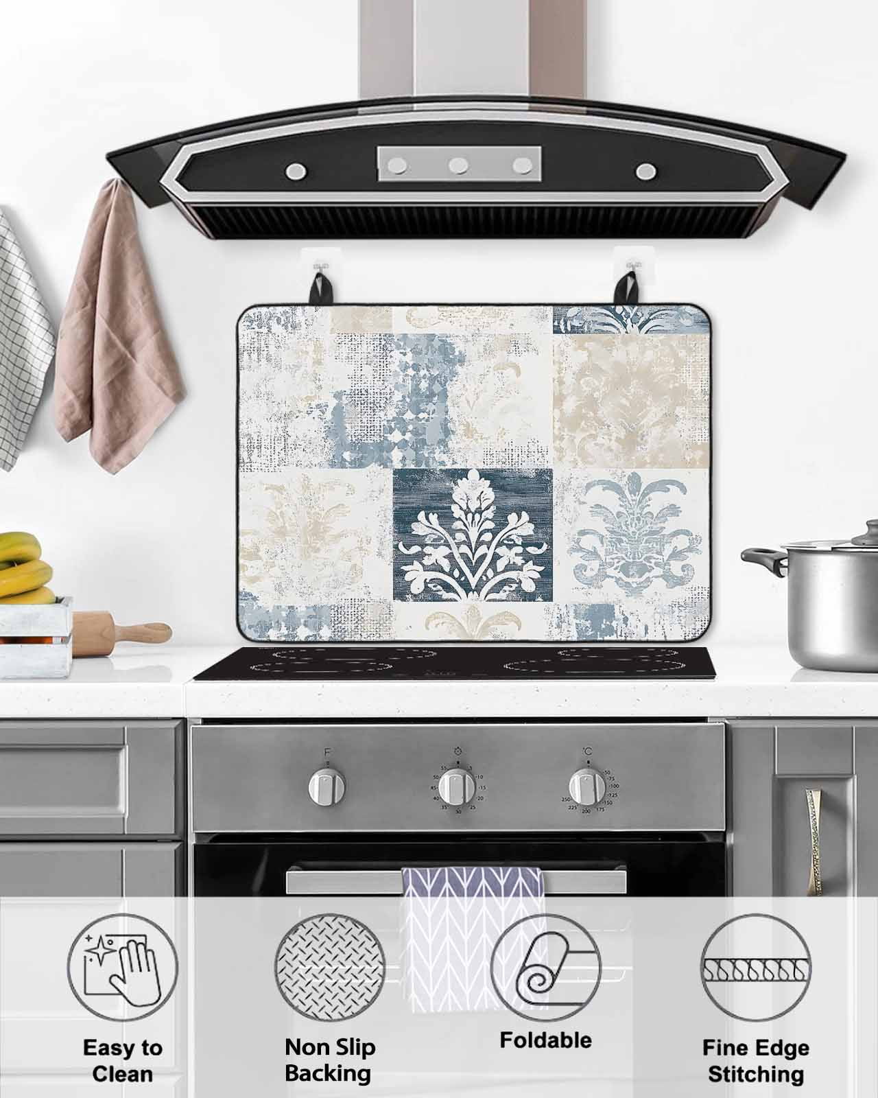 nqOlkjepod Large Induction Cooktop Protector Mat 36"x21", Abstract Floral Check Stove Top Covers for Electric Stove, Vintage Checkered Flowers Stove Burner Cover Mats, Glass Top Stove Cover