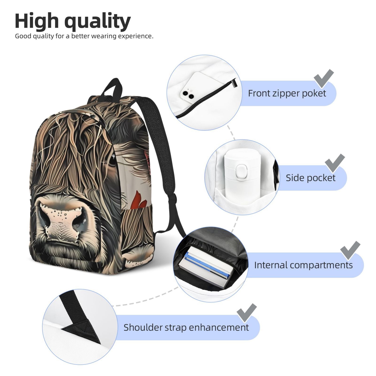 Vsdgher Butterfly Cow With Flowers Print Canvas Backpack Travel Rucksack Unisex Knapsack 15.7/17.7Inch Laptop Backpack for Work,College -Small