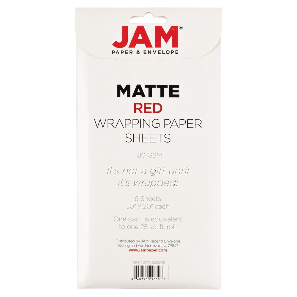 JAM Paper Matte Wrapping Paper Sheets, 30 x 20 per Sheet (25 sq ft Total), Matte Red, 6 Sheets