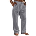 thumbnail image 3 of Men's Solid Color Linen Cotton Casual Pants, Lightweight Straight Leg Loose Fit Trousers with Button Waist, Summer Beach Yoga Pants with Pockets, Breathable Lounge Pants Dark Gray M, 3 of 10
