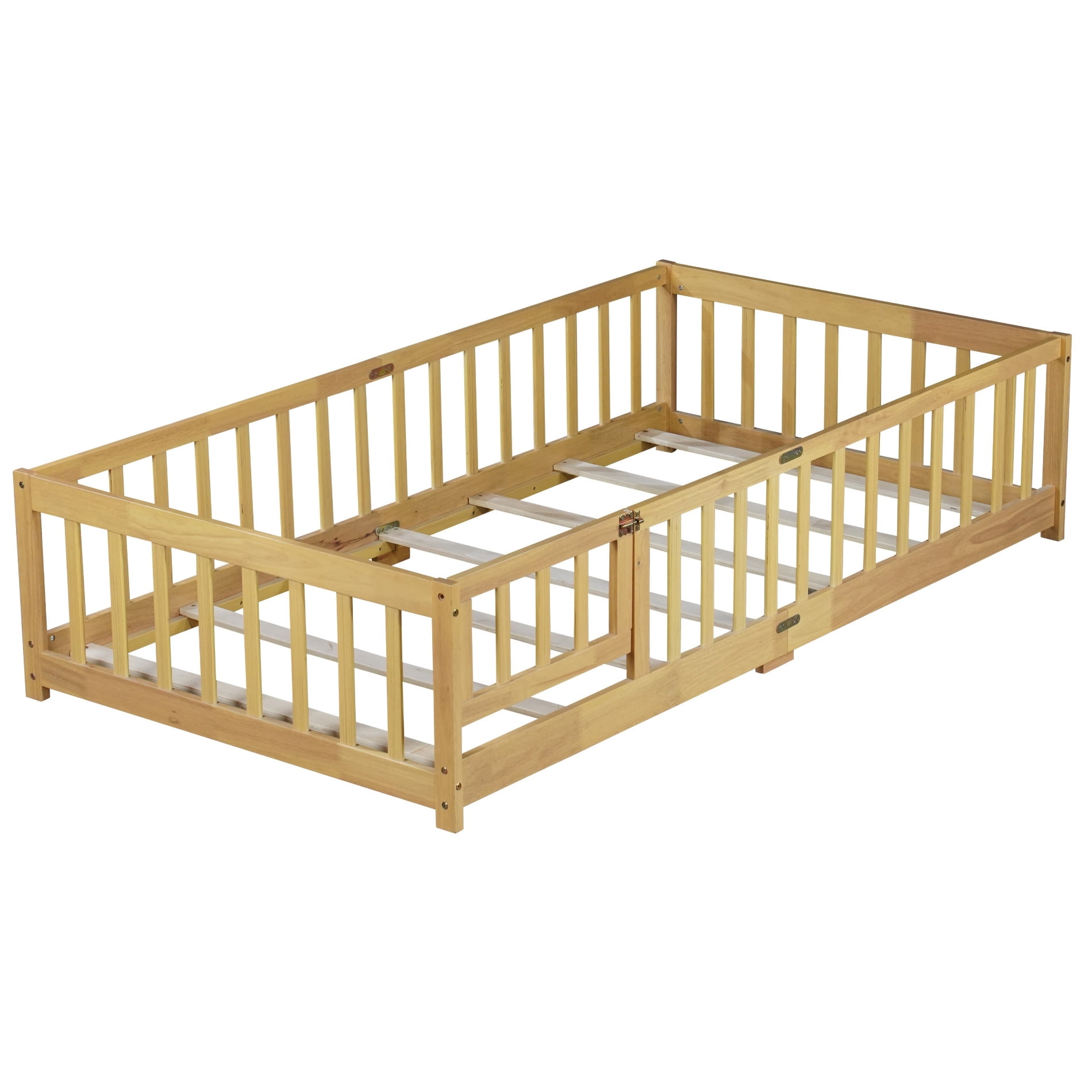 Alvantor Twin Size Floor Bed for Toddler, Solid Wood Floor Bed with Door and Fence Guardrail, Montessori Floor Bed for Boys, Girls,Natural