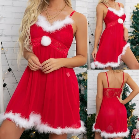 

2PC Lingerie Dress For Women Christmas Festival Red Hollow Lingerie Thong Set Nightdress Underwear