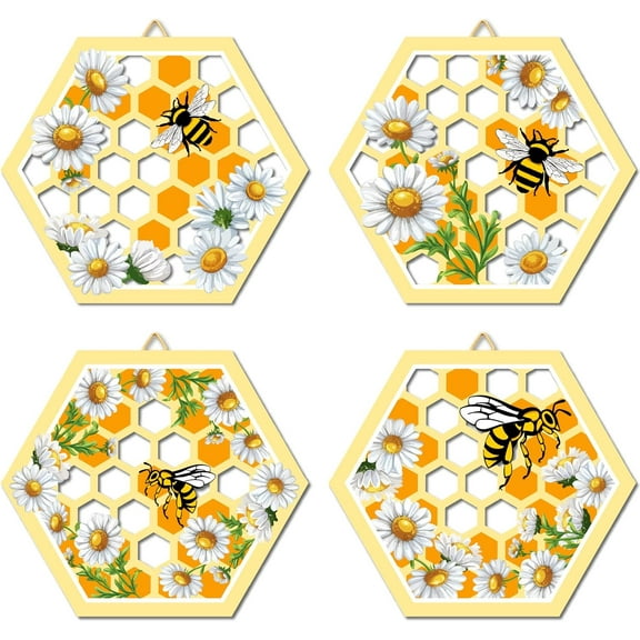 4Pcs Bee Wall Art Wooden Honeycomb Wall Decor Shape Honey Bees Hives Daisy Flowers Wall Hanging Artwork Ornament for Farmhouse Garden Bedroom Office Home Decoration 10 x 10 Inch Colorful