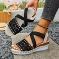 thumbnail image 6 of Black Womens Wedge Sandals Casual Boho Sandals with Ankle Strap, Comfortable Low Heel Crochet Lace Summer Sandals,Size 7.5, 6 of 9