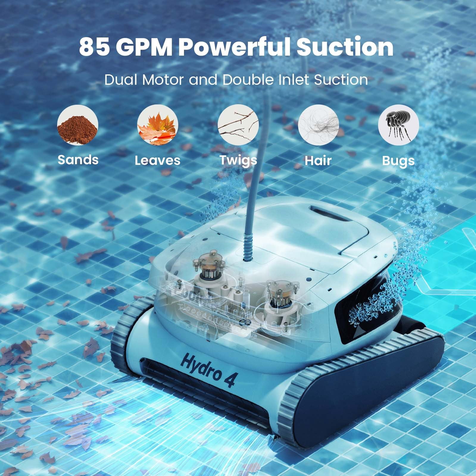 Hydro 4 Cordless Robotic Pool Cleaner,Pool Vacuum for Inground Aboveground Pools, 4.1L Filter Basket, Floor Wall Waterline Cleaning, Pool Cleaner Robot Ideal for Pools up to 50 FT in Length