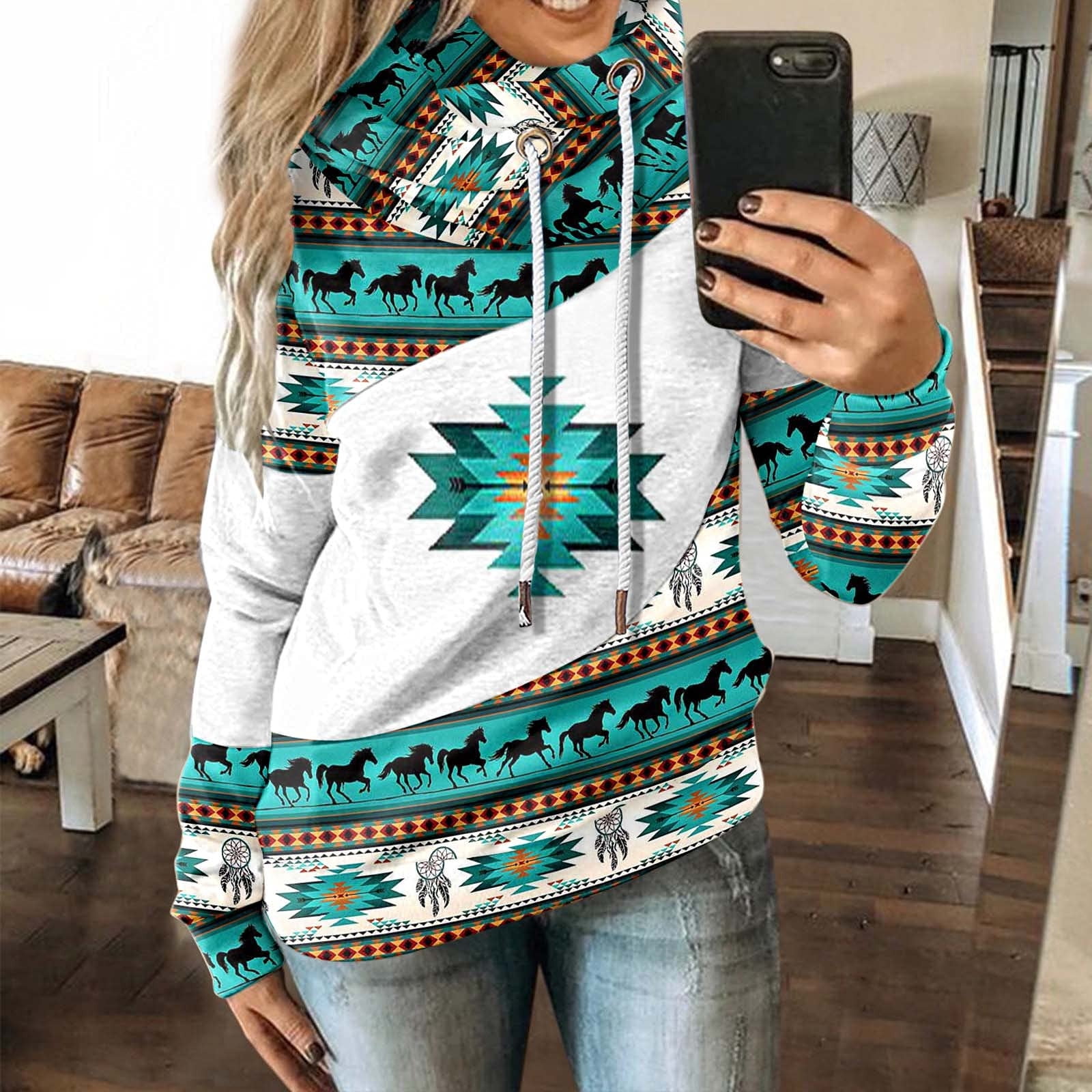 Fridja Hoodies For Women Women Aztec Hoodie Geometric Print Sweater Long Sleeve Turtle Neck T shirt Drawstring Pullover Sweatshirts With Pocket Walmart