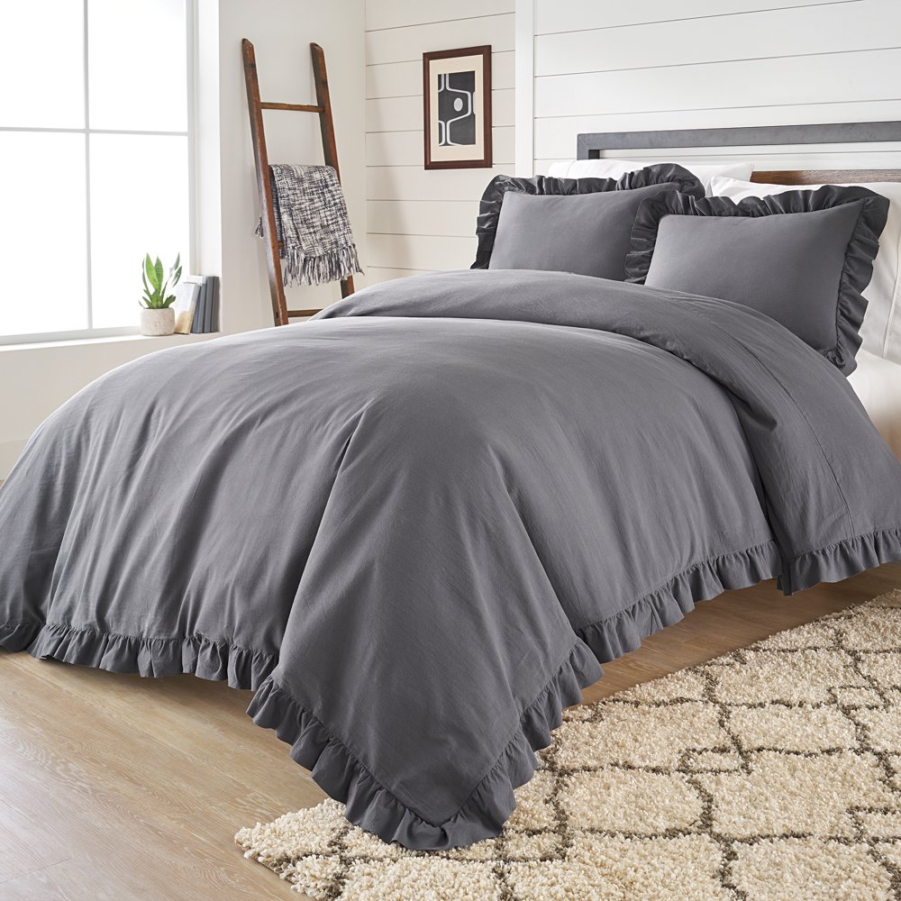 Better Homes & Gardens Raw Edge Ruffle 3 Piece Duvet Cover Set, King, Gray