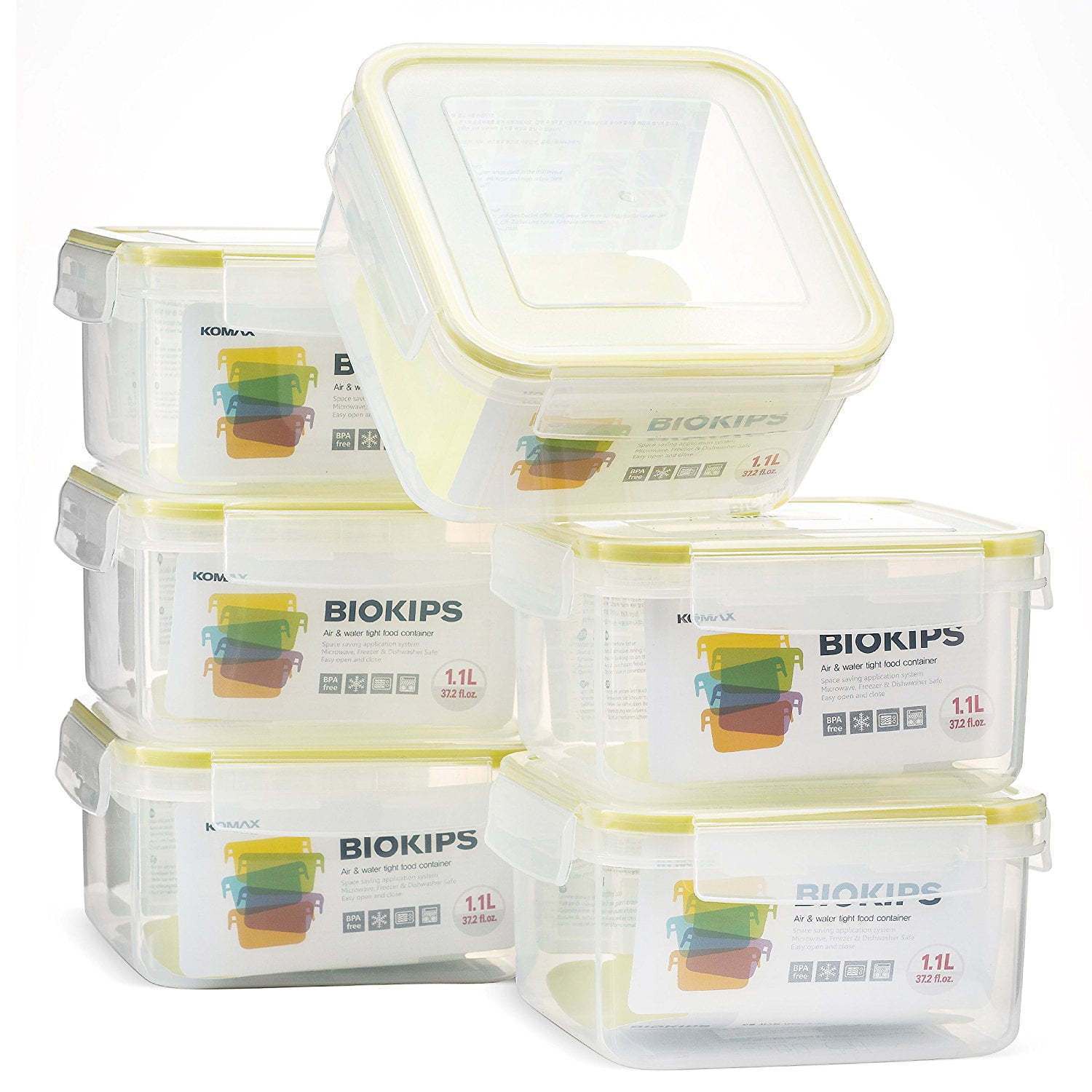 Komax Biokips Square Food Storage Container 37oz Set Of 6 Airtight Leakproof With Locking Lids Bpa Free Plastic Microwave Freezer And