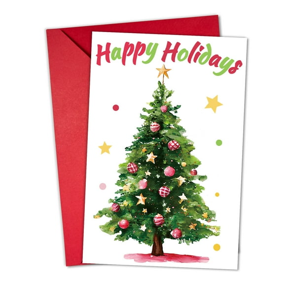 Happy Holidays Christmas Card with Festive Tree Design – Envelope Included, Blank Inside – Perfect Greeting Card for Seasonal Wishes