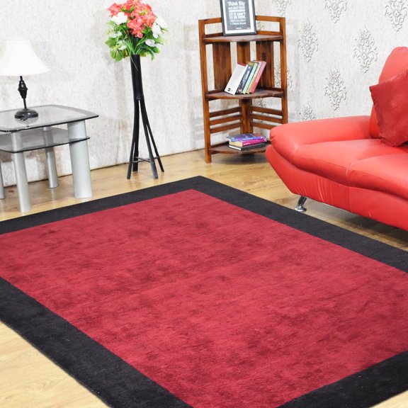 Rugsotic Carpets Handmade Rugs Hand Knotted Loom Rectangle 6'x9' Red Black Silk Mix for Indoor Use