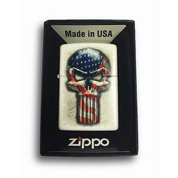 Long Punisher Skull with American Flag - White Matte Zippo Lighter