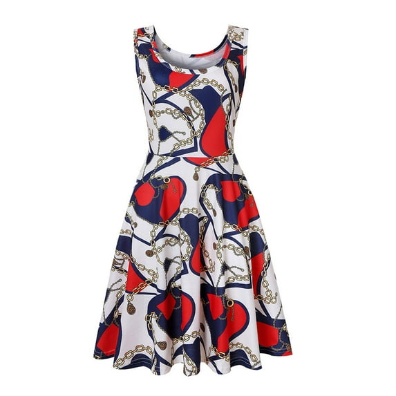IROINNID A-Line Dress For Women Fashion Sleeveless Printed Skinny Dress V-Neck Knee-Length Dress